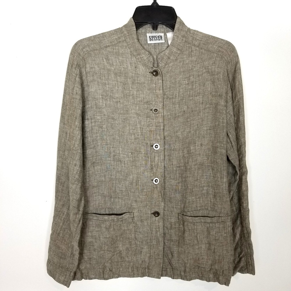 Chico's Women Lagenlook Linen‎ Lightweight Jacket Sz M Gray Button Up Pockets
